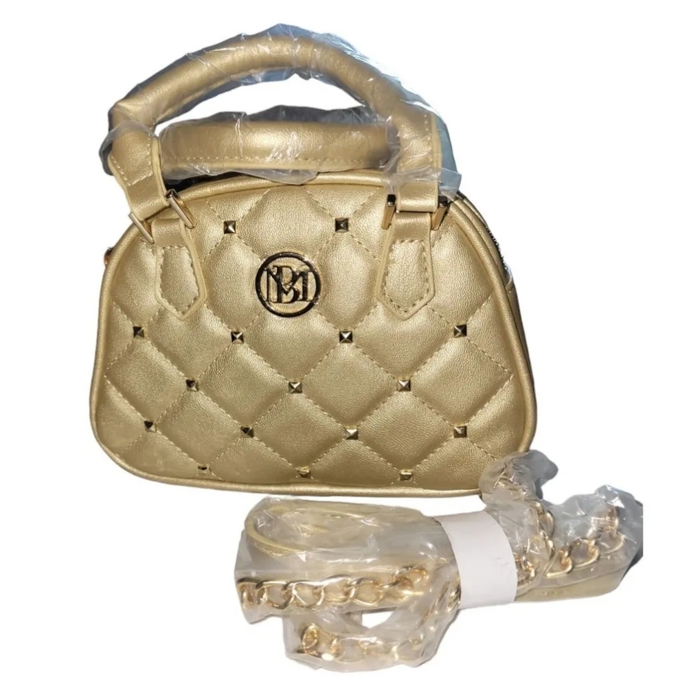 Badgley Mischka Studio Gold Quilted Mini Satchel Crossbody Bag‎ Studded Metallic